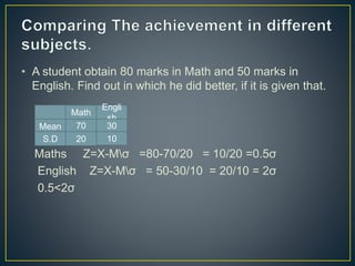 • A student obtain 80 marks in Math and 50 marks in
English. Find out in which he did better, if it is given that.
Maths Z=X-Mσ =80-70/20 = 10/20 =0.5σ
English Z=X-Mσ = 50-30/10 = 20/10 = 2σ
0.5<2σ
Math
Engli
sh
Mean 70 30
S.D 20 10
 