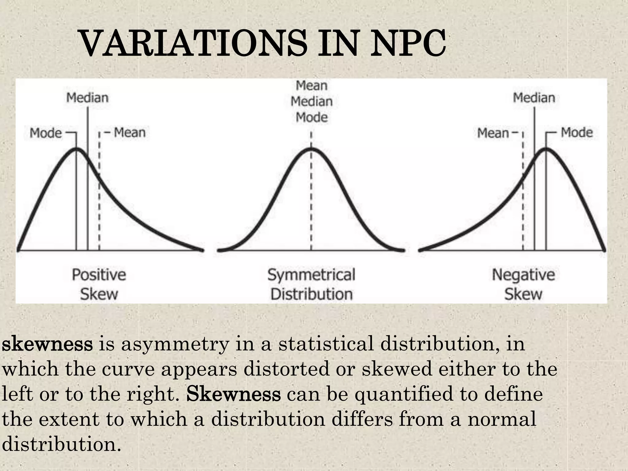VARIATIONS IN NPC
skewness is asymmetry in a statistical distribution, in
which the curve appears distorted or skewed either to the
left or to the right. Skewness can be quantified to define
the extent to which a distribution differs from a normal
distribution.
 