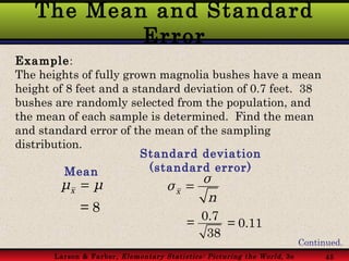 The Mean and Standard Error Example : The heights of fully grown magnolia bushes have a mean height of 8 feet and a standa...