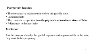 Puerperium features
2
• The reproductive organs return to their pre-gravida state
• Lactation starts
• The mother recuperates from the physical and emotional stress of labor
• Adjustment to the new baby
Involution
It is the process whereby the genital organs revert approximately to the state
they were before pregnancy.
 