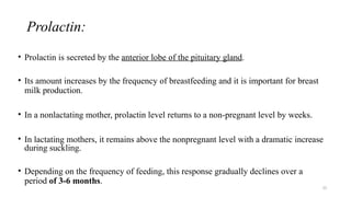 Prolactin:
31
• Prolactin is secreted by the anterior lobe of the pituitary gland.
• Its amount increases by the frequency of breastfeeding and it is important for breast
milk production.
• In a nonlactating mother, prolactin level returns to a non-pregnant level by weeks.
• In lactating mothers, it remains above the nonpregnant level with a dramatic increase
during suckling.
• Depending on the frequency of feeding, this response gradually declines over a
period of 3-6 months.
 