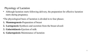 Physiology of Lactation
68
• Although lactation starts following delivery, the preparation for effective lactation
starts during pregnancy.
•The physiological basis of lactation is divided in to four phases:
1. Mammogenesis-Preparation of breast
2. Lactogenesis-Synthesis and secretion from the breast alveoli
3. Galactokinesis-Ejection of milk
4. Galactopoiesis-Maintenance of lactation
 