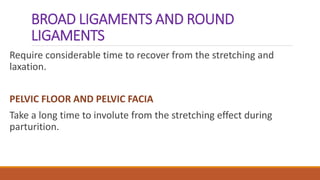BROAD LIGAMENTS AND ROUND
LIGAMENTS
Require considerable time to recover from the stretching and
laxation.
PELVIC FLOOR AND PELVIC FACIA
Take a long time to involute from the stretching effect during
parturition.
 