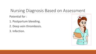 Nursing Diagnosis Based on Assessment
Potential for :
1. Postpartum bleeding.
2. Deep vein thrombosis.
3. Infection.
 