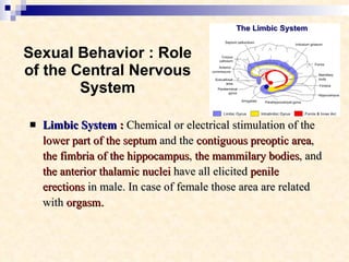 Sexual Behavior : Role of the Central Nervous System Limbic System  :  Chemical or electrical stimulation of the  lower part of the septum  and the  contiguous preoptic area ,  the fimbria of the hippocampus ,  the mammilary bodies , and  the anterior thalamic nuclei  have all elicited  penile erections  in male. In case of female those area are related with  orgasm . 
