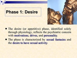 Phase 1: Desire The desire (or appetitive) phase, identified solely through physiology, reflects the psychiatric concern with  motivations ,  drives , and  personality .  The phase is characterized by  sexual fantasies  and the  desire to have sexual activity . 