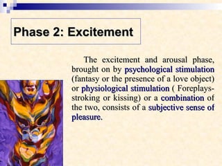 Phase 2: Excitement   The excitement and arousal phase, brought on by  psychological stimulation  (fantasy or the presence of a love object) or  physiological stimulation  ( Foreplays-stroking or kissing) or a  combination  of the two, consists of a  subjective sense of pleasure.  