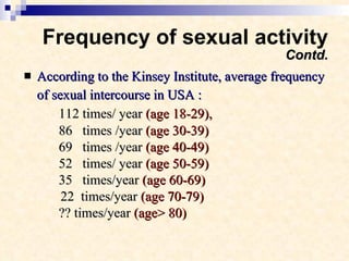 Frequency of sexual activity Contd. According to the Kinsey Institute, average frequency of sexual intercourse in USA :   112 times/ year  (age 18-29),  86  times /year  (age 30-39) 69  times /year  (age 40-49) 52  times/ year  (age 50-59) 35  times/year  (age 60-69)   22  times/year  (age 70-79) ?? times/year  (age> 80) 