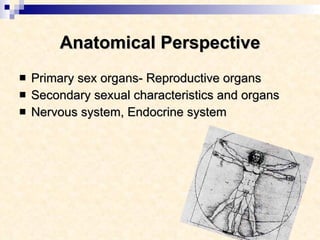 Primary sex organs- Reproductive organs Secondary sexual characteristics and organs Nervous system, Endocrine system  Anatomical Perspective 