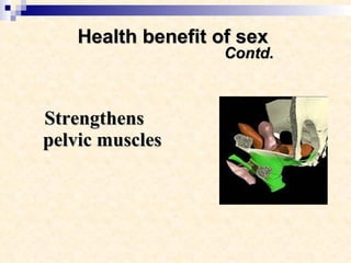 Health benefit of sex    Contd. <ul><li>Strengthens pelvic muscles </li></ul>