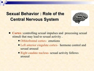 Sexual Behavior : Role of the Central Nervous System   <ul><li>Cortex : controlling sexual impulses and  processing sexual...