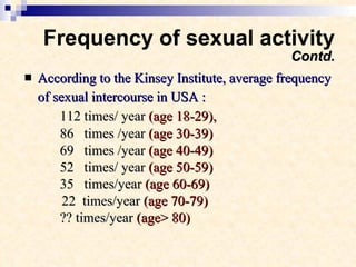 Frequency of sexual activity Contd. <ul><li>According to the Kinsey Institute, average frequency of sexual intercourse in ...