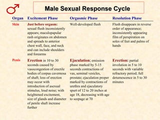Male Sexual Response Cycle   Organ Excitement Phase Orgasmic Phase Resolution Phase Skin Just before orgasm:  sexual flush inconsistently appears; maculopapular rash originates on abdomen and spreads to anterior chest wall, face, and neck and can include shoulders and forearms Well-developed flush Flush disappears in reverse order of appearance; inconsistently appearing film of perspiration on soles of feet and palms of hands Penis Erection  in 10 to 30 seconds caused by vasocongestion of erectile bodies of corpus cavernosa of shaft; loss of erection may occur with introduction of asexual stimulus, loud noise; with heightened excitement, size of glands and diameter of penile shaft increase further Ejaculation ;  emission phase marked by 5-15 seconds contractions of vas, seminal vesicles, prostate; ejaculation proper marked by contractions of urethra and ejaculatory spurt of 12 to 20 inches at age 18, decreasing with age to seepage at 70 Erection:  partial involution in 5 to 10 seconds with variable refractory period; full detumescence in 5 to 30 minutes 