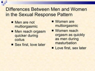 Differences Between Men and Women in the Sexual Response Pattern Men are not multiorgasmic  Men reach orgasm quicker during coitus Sex first, love later Women are multiorgasmic Women reach orgasm as quickly as men during masturbation Love first, sex later 