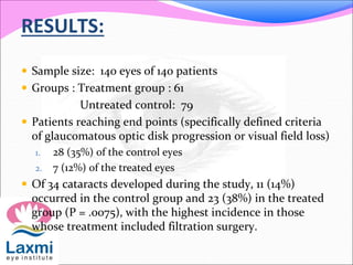 RESULTS:
 Sample size: 140 eyes of 140 patients
 Groups : Treatment group : 61
Untreated control: 79
 Patients reaching end points (specifically defined criteria
of glaucomatous optic disk progression or visual field loss)
1. 28 (35%) of the control eyes
2. 7 (12%) of the treated eyes
 Of 34 cataracts developed during the study, 11 (14%)
occurred in the control group and 23 (38%) in the treated
group (P = .0075), with the highest incidence in those
whose treatment included filtration surgery.
 