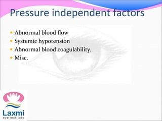 Pressure independent factors
 Abnormal blood flow
 Systemic hypotension
 Abnormal blood coagulability,
 Misc.
 