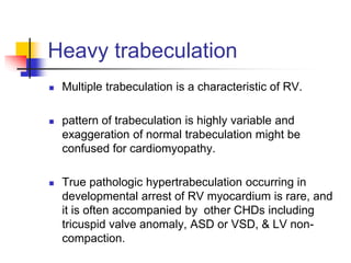 Heavy trabeculation
 Multiple trabeculation is a characteristic of RV.
 pattern of trabeculation is highly variable and
exaggeration of normal trabeculation might be
confused for cardiomyopathy.
 True pathologic hypertrabeculation occurring in
developmental arrest of RV myocardium is rare, and
it is often accompanied by other CHDs including
tricuspid valve anomaly, ASD or VSD, & LV non-
compaction.
 