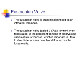 Eustachian Valve
 The eustachian valve is often misdiagnosed as an
intraatrial thrombus.
 The eustachian valve (called a Chiari network when
fenestrated) is the persistent portions of embryologic
valves of sinus venosus, which is important in utero
to direct inferior vena cava blood flow across the
fossa ovalis.
 