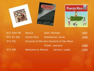 972 DAH PB   Mexico        Dahl, Michael              1997
972.95 Wel   Puerto Rico   Welsbacher, Anne           1998
972 FIS      Pyramid of the Sun Pyramid of the Moon
                           Fisher, Leonard            1988
972 JER      Welcome to Mexico     Jermyn, Leslie     1999
 