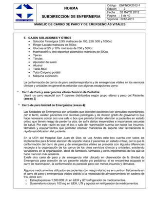 NORMA
SUBDIRECCION DE ENFERMERIA
Código :ENFNOR2012-1
Edición : 2
Fecha :02 MAYO 2012
Página : 5 de 40
Vigencia : 2012-2015
MANEJO DE CARRO DE PARO Y DE EMERGENCIAS VITALES
E. CAJON SOLUCIONES Y OTROS
Solución Fisiológica 0,9% matraces de 100, 250, 500 y 1000cc
Ringer Lactato matraces de 500cc
Glucosa al 5% y 10% matraces de 250 y 500cc
Haemacell® u otro expansor plasmático matraces de 500cc
Tijeras
Tórulas
Apurador de suero
Alcohol
Tabla MCE
Tubo Oxígeno portátil
Máquina aspiración.
La conformación de carros de paro cardiorrespiratorio y de emergencias vitales en los servicios
clínicos y unidades en general es estándar con algunas excepciones como:
* Carro de Paro y emergencias vitales Servicio de Pediatría:
Usará un carro especial con 7 cajones distribuidos según grupo etáreo y peso del Paciente.
(anexo 3)
* Carro de paro Unidad de Emergencia (anexo 4):
Las Unidades de Emergencia son unidades que atienden pacientes con consultas espontáneas,
por lo tanto, asisten pacientes con diversas patologías y de distinto grado de gravedad lo que
hace necesario contar con una sala o box que permita brindar atención a pacientes en estado
crítico que tienen riesgo de perder la vida, de sufrir daños irreversibles e importantes secuelas
de salud. Por esta razón es que el box o sala de reanimación cuenta con todos los insumos,
fármacos y equipamientos que permitan efectuar maniobras de soporte vital favoreciendo la
rápida estabilización del paciente.
En la UEH del Hospital San Juan de Dios de Los Andes este box cuenta con todos los
implementos para brindar atención de soporte vital a 2 pacientes en estado crítico, por lo que la
conformación del carro de paro y de emergencias vitales se presenta con algunas diferencias
respecto a la organización de los carros de los otros servicios clínicos y unidades, existiendo
variaciones en la organización, stock de fármacos, fármacos y otros implementos de los que se
hace mención más adelante.
Existe otro carro de paro y de emergencia vital ubicado en observación de la Unidad de
Emergencia para atención de un paciente adulto y/o pediátrico si se encontrará ocupado el
carro de reanimación, la conformación es parecida pero con menos insumos y fármacos.
Algunos medicamentos utilizados en pacientes con riesgo vital no se encuentran físicamente en
el carro de paro y emergencias vitales debido a la necesidad de almacenamiento en cadena de
frío, estos son:
o Estreptoquinasa 1.500.000 U.I en UEH y UTI refrigerador de medicamentos.
o Suxametonio cloruro 100 mg en UEH, UTI y agudos en refrigerador de medicamentos.
 