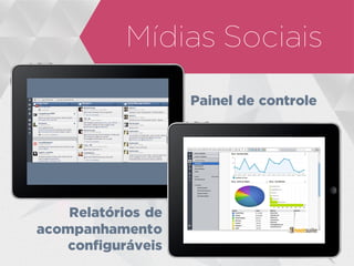Mídias Sociais
Painel de controle
Relatórios de
acompanhamento
configuráveis
 