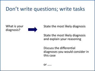 Don’t write questions; write tasks
What is your
diagnosis?
State the most likely diagnosis
State the most likely diagnosis
and explain your reasoning
Discuss the differential
diagnoses you would consider in
this case
or …..
 