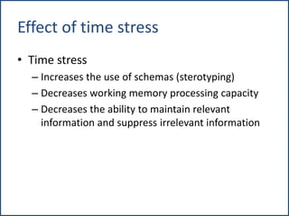 Effect of time stress
• Time stress
– Increases the use of schemas (sterotyping)
– Decreases working memory processing capacity
– Decreases the ability to maintain relevant
information and suppress irrelevant information
 