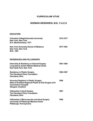 CURRICULUM VITAE
NORMAN WEINZWEIG, M.D., F.A.C.S.
EDUCATION
Columbia College/Columbia University 1973-1977
New York, New York
B.A. (Biochemistry), 1977
New York University School of Medicine 1977-1981
New York, New York
M.D., 1981
RESIDENCIES AND FELLOWSHIPS
Internship & Residency in General Surgery 1981-1984
Long Island Jewish-Hillside Medical Center
New Hyde Park, New York
Residency in Plastic Surgery 1985-1987
The Cleveland Clinic Foundation
Cleveland, Ohio
Honorary Registrar in Plastic Surgery 1986
West of Scotland Regional Plastic & Oral Surgery Unit
Canniesburn Hospital
Glasgow, Scotland
Fellowship in Hand Surgery 1987
The Cleveland Clinic Foundation
Cleveland, Ohio
Fellowship in Microvascular and Hand Surgery 1988
University of Pittsburgh Medical Center
Pittsburgh, Pennsylvania
 