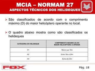  São classificados de acordo com o comprimento
máximo (D) do maior helicóptero operante no local.
 O quadro abaixo mostra como são classificados os
helideques
MCIA – NORMAM 27
ASPECTOS TÉCNICOS DOS HELIDEQUES
CATEGORIA DO HELIDEQUE
COMPRIMENTO MÁXIMO (D) DO
MAIOR HELICÓPTERO A OPERAR
H1 Menor que 16m
H2 Entre 16m e 24m
H3 Acima de 24m
Pág. 18
 