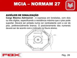AUXÍLIOS DE SINALIZAÇÃO
Carga Máxima Admissível - é expressa em toneladas, com dois
ou três dígitos, especificando a resistência máxima que o piso pode
suportar. Deverá ser pintada numa cor contrastante com a cor do
piso, preferencialmente branca. O posicionamento dos numerais
deverá ser de acordo com o indicado na figura abaixo.
MCIA – NORMAM 27
Pág. 28
 