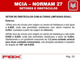 MCIA – NORMAM 27
SETORES E OBSTÁCULOS
SETOR DE OBSTÁCULOS COM ALTURAS LIMITADAS (SOAL)
Externo:
1)Pelo arco de círculo com origem no centro do helideque e raio igual
a 0,62D, onde são permitidos obstáculos com altura máxima de
0,25m, contados a partir da origem do chevron;
2)Pelo arco de círculo com origem no centro do helideque e raio entre
0,62D e 0,83D, onde são permitidos obstáculos a partir de 0,25m,
obedecendo a um gradiente crescente de 1:2 (uma unidade vertical
para duas unidades horizontais), nas direções paralelas à bissetriz
do ângulo de 150° até 0,83D.
Pág. 25
 