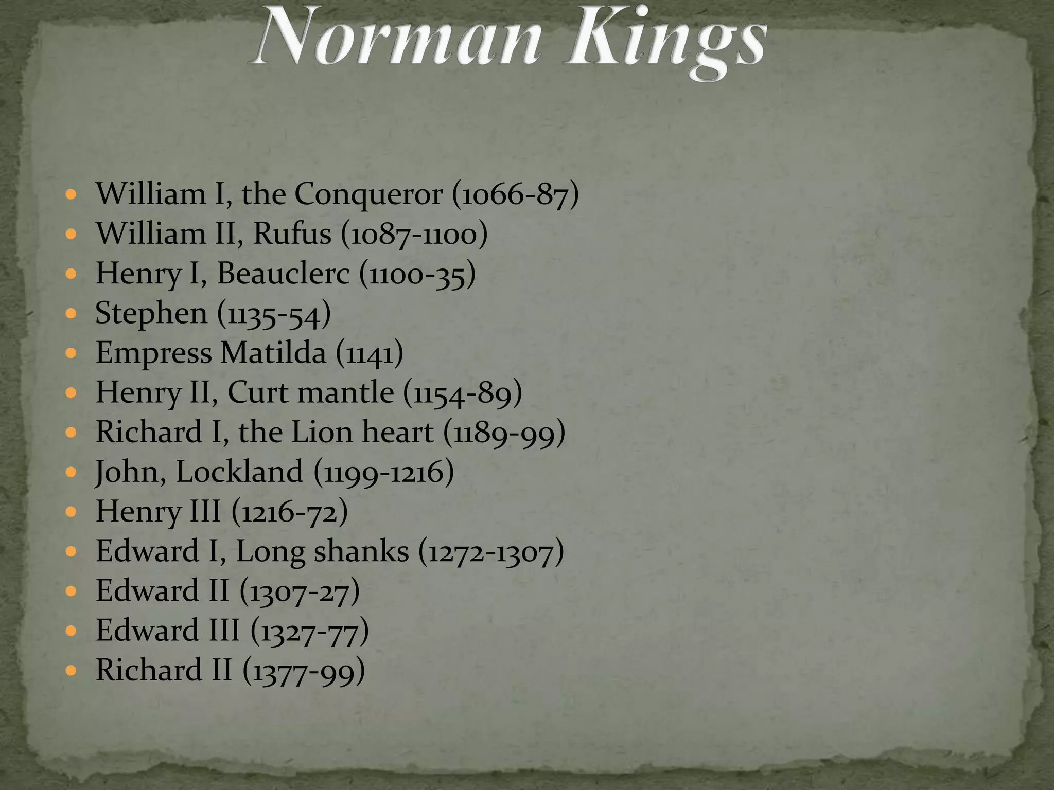  William I, the Conqueror (1066-87)
 William II, Rufus (1087-1100)
 Henry I, Beauclerc (1100-35)
 Stephen (1135-54)
 Empress Matilda (1141)
 Henry II, Curt mantle (1154-89)
 Richard I, the Lion heart (1189-99)
 John, Lockland (1199-1216)
 Henry III (1216-72)
 Edward I, Long shanks (1272-1307)
 Edward II (1307-27)
 Edward III (1327-77)
 Richard II (1377-99)
 