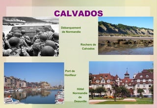 CALVADOS
Débarquement
de Normandie

Rochers de
Calvados

Port de
Honfleur

Hôtel
Normandie
de
Deauville

 