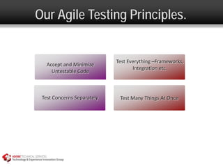 Our Agile Testing Principles.


                            Test Everything –Frameworks,
   Accept and Minimize
                                   Integration etc.
     Untestable Code



 Test Concerns Separately    Test Many Things At Once
 