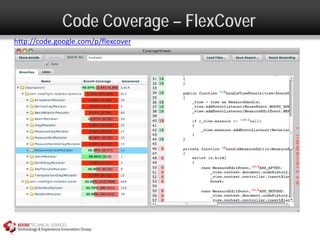Code Coverage – FlexCover
http://code.google.com/p/flexcover
 