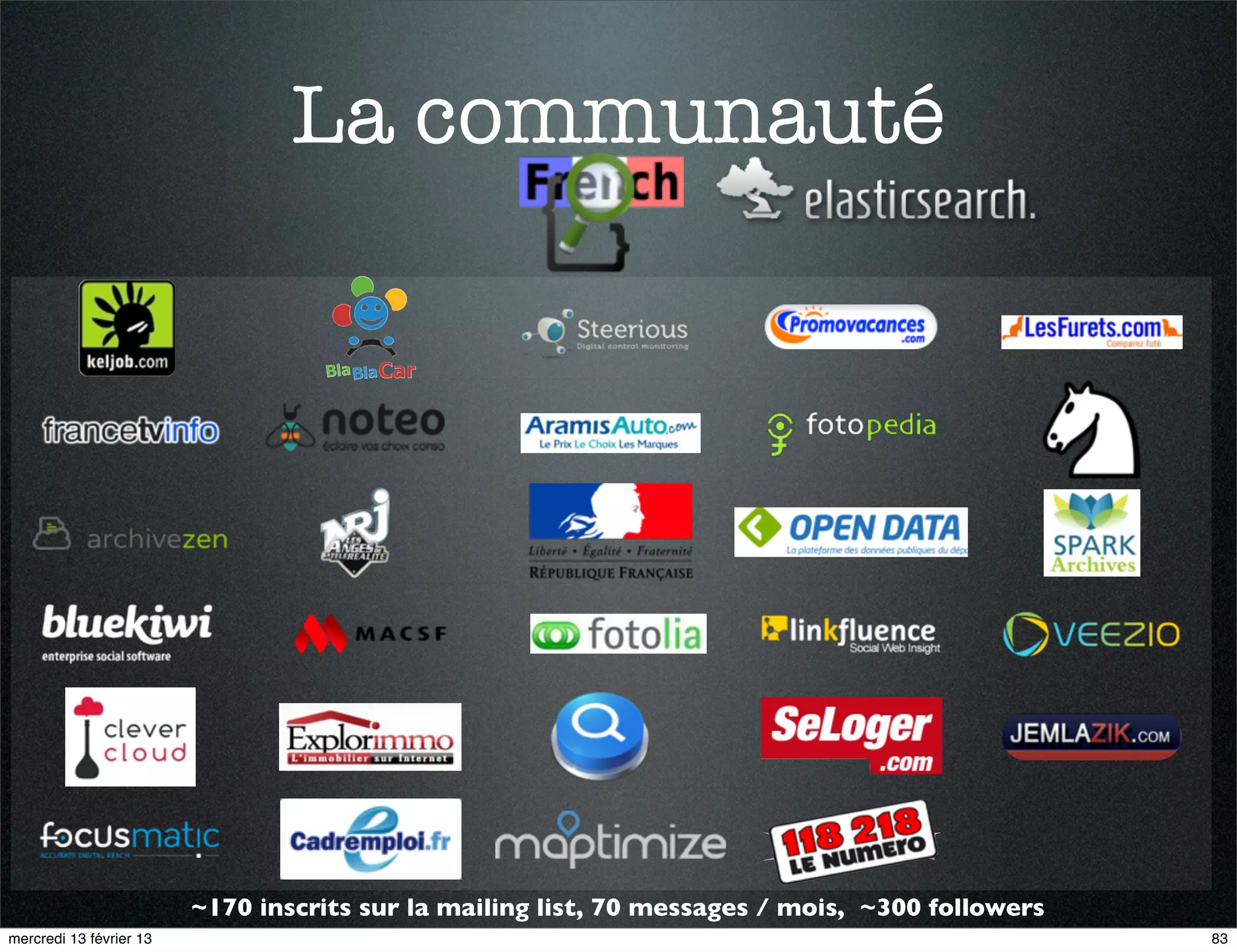 La communauté




                         ~170 inscrits sur la mailing list, 70 messages / mois, ~300 followers
mercredi 13 février 13                                                                           83
 