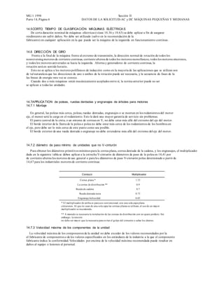 MG 1 1998                                                           Sección II
Parte 14, Página 4                            DAT OS DE LA SOLICIT UD-AC y DC MÁQUINAS PEQUEÑAS Y MEDIANAS


14.5 CORTO TIEMPO DE CLASIFICACIÓN MÁQUINAS ELÉCTRICA S
    De corta duración nominal de máquinas eléctricas (véase 10.36 y 10.63) se debe aplicar a fin de asegurar
rendimiento sin sufrir daños. No debe ser utilizado (salvo en la recomendación de la
fabricante) en cualquier aplicación en la que puede ser la máquina de la izquierda en funcionamiento continuo.


14.6 DIRECCIÓN DE GIRO
     Frente a la final de la máquina frente al extremo de transmisión, la dirección normal de rotación de todos los
nonreversing motores de corriente continua, corriente alterna de todos los motores monofásicos, todos los motores síncronos,
y todos los motores universales se hacia la izquierda. Alterna y generadores de corriente continua, la
rotación será en sentido horario.
     Esto no se aplica a los motores polifásicos de inducción como en la mayoría de las aplicaciones que se utilizan son
de tal naturaleza que las direcciones de uno o ambos de la rotación puede ser necesaria, y la secuencia de fases de la
las líneas de energía rara vez se conoce.
     Cuando dos o más máquinas están mecánicamente acoplados entre sí, la norma anterior puede no ser
se aplican a todas las unidades.




14.7APPLICA TION de poleas, ruedas dentadas y engranajes de árboles para motores
14.7.1 Montaje

    En general, las poleas más cerca, poleas, ruedas dentadas, engranajes o se montan en los rodamientos del motor
eje, el menor será la carga en el rodamiento. Esto le dará una mayor garantía de servicio sin problemas.
    El punto central de la cinta, o un sistema de correas en V, no debe estar más allá del extremo del eje del motor.
    El borde interior de la llanta de la polea o polea no debe estar más cerca de los rodamientos de los hombros en
el eje, pero debe ser lo más cerca de este punto como sea posible.
    El borde exterior de una rueda dentada o engranaje no debe extenderse más allá del extremo del eje del motor.



14.7.2 diámetro de paso mínimo de unidades que no V -cinturón
   Para obtener los diámetros primitivos mínimos para la correa plana, correa dentada de la cadena, y los engranajes, el multiplicador
dada en la siguiente tabla se deben aplicar a la estrecha V-cinturón de diámetros de paso de la polea en 14,41 por
de corriente alterna los motores de uso general o para lo s diámetros de paso V-cinturón polea determinado a partir de
14,67 para los industriales motores de corriente continua:



                                              Conducir                                        Multiplicador

                                            Correa plana *                                        1.33
                                          La correa de distribución **                            0.9
                                         Rueda de cadena                                          0.7
                                            Rueda dentada recta                                   0.75
                                          Engranaje helicoidal                                    0.85
                           * El multiplicador de arriba es para uso convencional, con una sola capa plana
                           cinturones. Al que no sean de una sola capa las correas planas se utilizan, el uso de un mayor
                           multiplicador se recomienda.

                           ** A menudo es necesaria la instalación de las correas de distribución con un ajuste perfecto. Sin
                           embargo, la tensión
                           no debe ser mayor que la necesaria para evitar el golpe del cinturón o saltar los dientes.

14.7.3 Velocidad máxima de los componentes de la unidad
   La velocidad máxima de los componentes de la unidad no debe exceder de los valores recomendados por la
el fabricante de componentes o de los valores especificados en los estándares de la industria a la que el componente
fabricante indica la conformidad. Velocidades por encima de la velocidad máxima recomendada puede resultar en
daños al equipo o lesiones al personal.
 