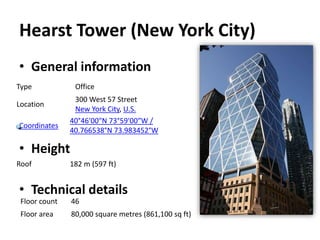 Hearst Tower (New York City)
• General information
• Height
• Technical details
Type Office
Location
300 West 57 Street
New York City, U.S.
Roof 182 m (597 ft)
Floor count 46
Floor area 80,000 square metres (861,100 sq ft)
Coordinates
40°46′00″N 73°59′00″W /
40.766538°N 73.983452°W
 