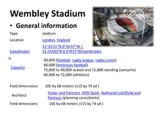 Wembley Stadium
• General information
Type stadium
Location London, England
Coordinates
51°33′21″N 0°16′47″W /
51.55583°N 0.27972°WCoordinates:
Capacity
90,000 (football, rugby league, rugby union)
86,000 (American football)
75,000 to 90,000 seated and 15,000 standing (concerts)
60,000 to 72,000 (athletics)
Field dimensions 105 by 68 meters (115 by 74 yd )
Architect
Foster and Partners, HOK Sport, Nathaniel Litchfield and
Partners (planning consultants)
Field dimensions 105 by 68 meters (115 by 74 yd )
 