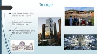 Trabajo
 Torre Hearst, Nueva York. 6
plantas hasta uno de 44.
 Cúpula del Reichstag.
Efecto invernadero.
 Recinto de animales en el
zoo de Copenhague.
 
