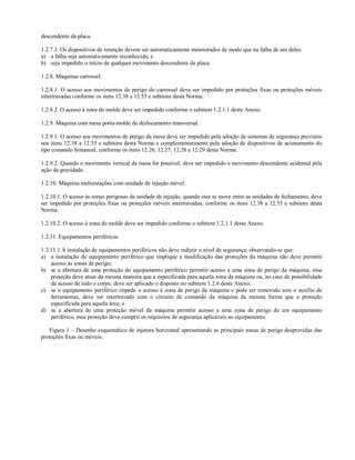 descendente da placa.
1.2.7.3. Os dispositivos de retenção devem ser automaticamente monitorados de modo que na falha de um deles:
a) a falha seja automaticamente reconhecida; e
b) seja impedido o início de qualquer movimento descendente da placa.
1.2.8. Máquinas carrossel.
1.2.8.1. O acesso aos movimentos de perigo do carrossel deve ser impedido por proteções fixas ou proteções móveis
intertravadas conforme os itens 12.38 a 12.55 e subitens desta Norma.
1.2.8.2. O acesso à zona do molde deve ser impedido conforme o subitem 1.2.1.1 deste Anexo.
1.2.9. Máquina com mesa porta-molde de deslocamento transversal.
1.2.9.1. O acesso aos movimentos de perigo da mesa deve ser impedido pela adoção de sistemas de segurança previstos
nos itens 12.38 a 12.55 e subitens desta Norma e complementarmente pela adoção de dispositivos de acionamento do
tipo comando bimanual, conforme os itens 12.26, 12.27, 12.28 e 12.29 desta Norma.
1.2.9.2. Quando o movimento vertical da mesa for possível, deve ser impedido o movimento descendente acidental pela
ação da gravidade.
1.2.10. Máquina multiestações com unidade de injeção móvel.
1.2.10.1. O acesso às zonas perigosas da unidade de injeção, quando esta se move entre as unidades de fechamento, deve
ser impedido por proteções fixas ou proteções móveis intertravadas, conforme os itens 12.38 a 12.55 e subitens desta
Norma.
1.2.10.2. O acesso à zona do molde deve ser impedido conforme o subitem 1.2.1.1 deste Anexo.
1.2.11. Equipamentos periféricos.
1.2.11.1 A instalação de equipamentos periféricos não deve reduzir o nível de segurança, observando-se que:
a) a instalação de equipamento periférico que implique a modificação das proteções da máquina não deve permitir
acesso às zonas de perigo;
b) se a abertura de uma proteção do equipamento periférico permitir acesso a uma zona de perigo da máquina, essa
proteção deve atuar da mesma maneira que a especificada para aquela zona da máquina ou, no caso de possibilidade
de acesso de todo o corpo, deve ser aplicado o disposto no subitem 1.2.6 deste Anexo;
c) se o equipamento periférico impede o acesso à zona de perigo da máquina e pode ser removido sem o auxílio de
ferramentas, deve ser intertravado com o circuito de comando da máquina da mesma forma que a proteção
especificada para aquela área; e
d) se a abertura de uma proteção móvel da máquina permitir acesso a uma zona de perigo de um equipamento
periférico, essa proteção deve cumprir os requisitos de segurança aplicáveis ao equipamento.
Figura 1 – Desenho esquemático de injetora horizontal apresentando as principais zonas de perigo desprovidas das
proteções fixas ou móveis.
 