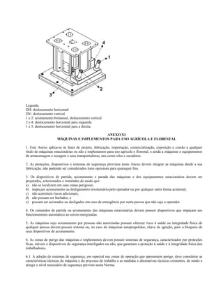 Legenda:
DH: deslocamento horizontal
DV: deslocamento vertical
1 e 2: acionamento bimanual, deslocamento vertical
2 e 4: deslocamento horizontal para esquerda
1 e 3: deslocamento horizontal para a direita
ANEXO XI
MÁQUINAS E IMPLEMENTOS PARA USO AGRÍCOLA E FLORESTAL
1. Este Anexo aplica-se às fases de projeto, fabricação, importação, comercialização, exposição e cessão a qualquer
título de máquinas estacionárias ou não e implementos para uso agrícola e florestal, e ainda a máquinas e equipamentos
de armazenagem e secagem e seus transportadores, tais como silos e secadores.
2. As proteções, dispositivos e sistemas de segurança previstos neste Anexo devem integrar as máquinas desde a sua
fabricação, não podendo ser considerados itens opcionais para quaisquer fins.
3. Os dispositivos de partida, acionamento e parada das máquinas e dos equipamentos estacionários devem ser
projetados, selecionados e instalados de modo que:
a) não se localizem em suas zonas perigosas;
b) impeçam acionamento ou desligamento involuntário pelo operador ou por qualquer outra forma acidental;
c) não acarretem riscos adicionais;
d) não possam ser burlados; e
e) possam ser acionados ou desligados em caso de emergência por outra pessoa que não seja o operador.
4. Os comandos de partida ou acionamento das máquinas estacionárias devem possuir dispositivos que impeçam seu
funcionamento automático ao serem energizadas.
5. As máquinas cujo acionamento por pessoas não autorizadas possam oferecer risco à saúde ou integridade física de
qualquer pessoa devem possuir sistema ou, no caso de máquinas autopropelidas, chave de ignição, para o bloqueio de
seus dispositivos de acionamento.
6. As zonas de perigo das máquinas e implementos devem possuir sistemas de segurança, caracterizados por proteções
fixas, móveis e dispositivos de segurança interligados ou não, que garantam a proteção à saúde e à integridade física dos
trabalhadores.
6.1. A adoção de sistemas de segurança, em especial nas zonas de operação que apresentem perigo, deve considerar as
características técnicas da máquina e do processo de trabalho e as medidas e alternativas técnicas existentes, de modo a
atingir o nível necessário de segurança previsto nesta Norma.
 