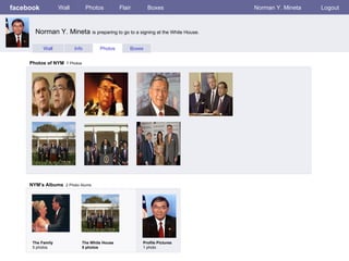 facebook Wall Photos Flair Boxes Norman Y. Mineta Logout Wall Info Photos Boxes Photos of NYM   7 Photos NYM’s Albums   2 Photo Alums  The Family 5 photos The White House 5 photos Profile Pictures  1 photo Norman Y. Mineta  is preparing to go to a signing at the White House. 