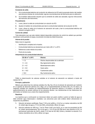 Martes 31 de diciembre de 2002                DIARIO OFICIAL                    (Segunda Sección)     41

   Constante de celda
   1.   Si la conductividad eléctrica de la solución de referencia de KCl está incorporada dentro del medidor
        para lecturas directas de conductividad, siga las recomendaciones del fabricante para la calibración.
   2.   Si el medidor seleccionado requiere que la constante de celda sea calculada, siga las instrucciones
        del instructivo del instrumento.
   Procedimiento
   1.   Lavar y llenar la celda de conductividad con solución de KCl.
   2.   Ajustar el medidor de conductividad para leer la conductividad estándar de la solución de KCl.
   3.   Lavar y llenar la celda con el extracto de saturación del suelo y leer la conductividad eléctrica del
        extracto corregido a 25°C.
   Control de calidad
  Todo laboratorio que use este método deberá desarrollar protocolos de control de calidad que permitan
monitorear continuamente el sesgo y la precisión de todas las determinaciones.
   Informe de la prueba
   Debe incluir lo siguiente:
   -    Identificación completa de la muestra.
   -    Conductividad eléctrica es decisiemens por metro (dS m-1) a 25°C.
   -    Referencia a este método de prueba.
   -    Fecha de la prueba.
   Interpretación de conductividad eléctrica

               CE dS m-1 a 25°C            Efectos

               < 1.0                       Efectos despreciables de la salinidad
               1.1 - 2.0                   Muy ligeramente salino
               2.1 - 4.0                   Moderadamente salino
               4.1 - 8.0                   Suelo salino
               8.1 - 16.0                  Fuertemente salino
               > 16.0                      Muy fuertemente salino


   7.2.6. La determinación de cationes solubles en el extracto de saturación se realizará a través del
método AS-19.
   Principio y aplicación
    Método para determinar los cationes solubles (Ca, Mg, Na y K) en el extracto de saturación por medición
en un aparato de absorción atómica (Ca y Mg) y en un espectrofotómetro de flama (Na y K). El calcio y el
magnesio solubles son medidos por espectrofotometría de absorción atómica y el potasio y el sodio por
espectrofotometría de emisión atómica en los extractos diluidos. Las interferencias en las mediciones son
eliminadas con lantano (La) y cesio (Cs) respectivamente.
   Reactivos
    Los reactivos que a continuación se mencionan deben ser grado analítico cuando se hable de agua se
debe entender agua desionizada o destilada. Las soluciones para este análisis deben almacenarse en
recipientes de polietileno.
   1.   Solución de lantano acidificada. Pesar 7.742 g de La(NO3)3. 6 H2O en un matraz volumétrico de 250
        ml, añadir algo de agua y 17.5 ml de HNO3 concentrado, aforar con agua.
   2.   Solución estándar de 1000 mg L-1 de Ca. Pesar 2.497 g de CaCO3 en un vaso de precipitado de 250
        ml, añadir aproximadamente 100 ml de agua, y 12.5 ml de HCl 4M hervir para eliminar el CO2 (si
        permanecen partículas de CaCO3 añadir 2 ml más de HCl 4M). Enfriar y transferir la solución a un
        matraz volumétrico de un litro y aforar con agua.
 