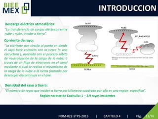 INTRODUCCION
NOM-022-STPS-2015 | CAPITULO 4 | Pág. 13/76
Descarga eléctrica atmosférica:
“La transferencia de cargas eléctricas entre
nube y nube, o nube a tierra”.
Densidad del rayo a tierra:
“El número de rayos que inciden a tierra por kilometro cuadrado por año en una región especifica”.
Región noreste de Coahuila: 1 – 2.9 rayos incidentes
Corriente de rayo:
“La corriente que circula al punto en donde
el rayo hace contacto con la tierra (a una
estructura ), asociada con el proceso súbito
de neutralización de la carga de la nube; a
través de un flujo de electrones en el canal
mediante el cual se realiza el movimiento de
la carga de la nube a la tierra formado por
descargas discontinuas en el aire.
 