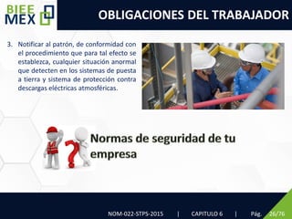 OBLIGACIONES DEL TRABAJADOR
NOM-022-STPS-2015 | CAPITULO 6 | Pág. 26/76
3. Notificar al patrón, de conformidad con
el procedimiento que para tal efecto se
establezca, cualquier situación anormal
que detecten en los sistemas de puesta
a tierra y sistema de protección contra
descargas eléctricas atmosféricas.
 