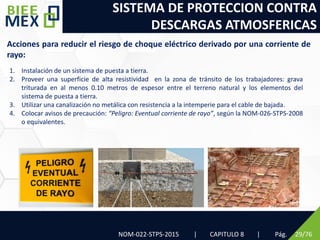 SISTEMA DE PROTECCION CONTRA
DESCARGAS ATMOSFERICAS
NOM-022-STPS-2015 | CAPITULO 8 | Pág. 29/76
Acciones para reducir el riesgo de choque eléctrico derivado por una corriente de
rayo:
1. Instalación de un sistema de puesta a tierra.
2. Proveer una superficie de alta resistividad en la zona de tránsito de los trabajadores: grava
triturada en al menos 0.10 metros de espesor entre el terreno natural y los elementos del
sistema de puesta a tierra.
3. Utilizar una canalización no metálica con resistencia a la intemperie para el cable de bajada.
4. Colocar avisos de precaución: “Peligro: Eventual corriente de rayo”, según la NOM-026-STPS-2008
o equivalentes.
 
