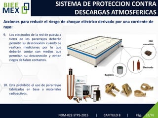 SISTEMA DE PROTECCION CONTRA
DESCARGAS ATMOSFERICAS
NOM-022-STPS-2015 | CAPITULO 8 | Pág. 32/76
Acciones para reducir el riesgo de choque eléctrico derivado por una corriente de
rayo:
9. Los electrodos de la red de puesta a
tierra de los pararrayos deberán
permitir su desconexión cuando se
realicen mediciones por lo que
deberán contar con medios que
permitan su desconexión y eviten
riegos de falsos contactos.
10. Esta prohibido el uso de pararrayos
fabricados en base a materiales
radioactivos.
Registro
Electrodo
Conector
mecánico
 
