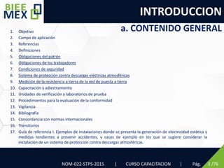 INTRODUCCION
NOM-022-STPS-2015 | CURSO CAPACITACION | Pág. 3 /76
a. CONTENIDO GENERAL
1. Objetivo
2. Campo de aplicación
3. Referencias
4. Definiciones
5. Obligaciones del patrón
6. Obligaciones de los trabajadores
7. Condiciones de seguridad
8. Sistema de protección contra descargas eléctricas atmosféricas
9. Medición de la resistencia a tierra de la red de puesta a tierra
10. Capacitación y adiestramiento
11. Unidades de verificación y laboratorios de prueba
12. Procedimientos para la evaluación de la conformidad
13. Vigilancia
14. Bibliografía
15. Concordancia con normas internacionales
16. Transitorios
17. Guía de referencia I. Ejemplos de instalaciones donde se presenta la generación de electricidad estática y
medidas tendientes a prevenir accidentes, y casos de ejemplo en los que se sugiere considerar la
instalación de un sistema de protección contra descargas atmosféricas.
 