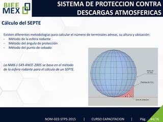 SISTEMA DE PROTECCION CONTRA
DESCARGAS ATMOSFERICAS
Pág. 44/76
Cálculo del SEPTE
Existen diferentes metodologías para calcular el número de terminales aéreas, su altura y ubicación:
- Método de la esfera rodante
- Método del ángulo de protección
- Método del punto de cebado
La NMX-J-549-ANCE-2005 se basa en el método
de la esfera rodante para el cálculo de un SEPTE.
NOM-022-STPS-2015 | CURSO CAPACITACION |
 